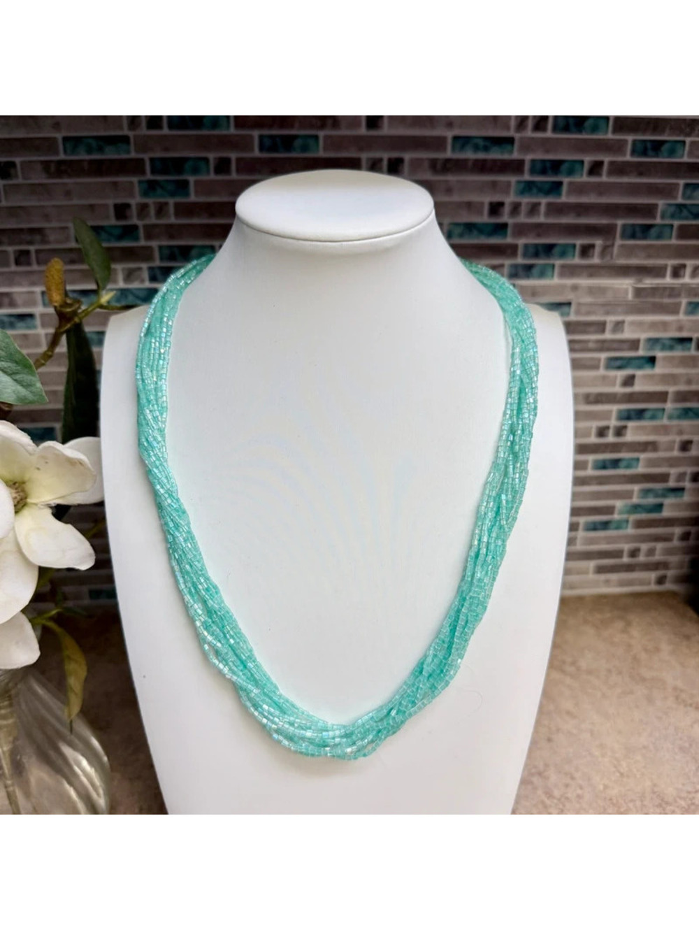 Vintage Multi-Strand Seed Bead Necklace Sea Green Aqua Boho Layered Statement
